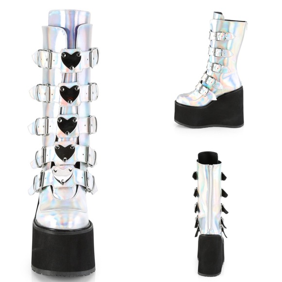 Demonia Womens Heart Strap Silver Platform Boots - Picture 2 of 8